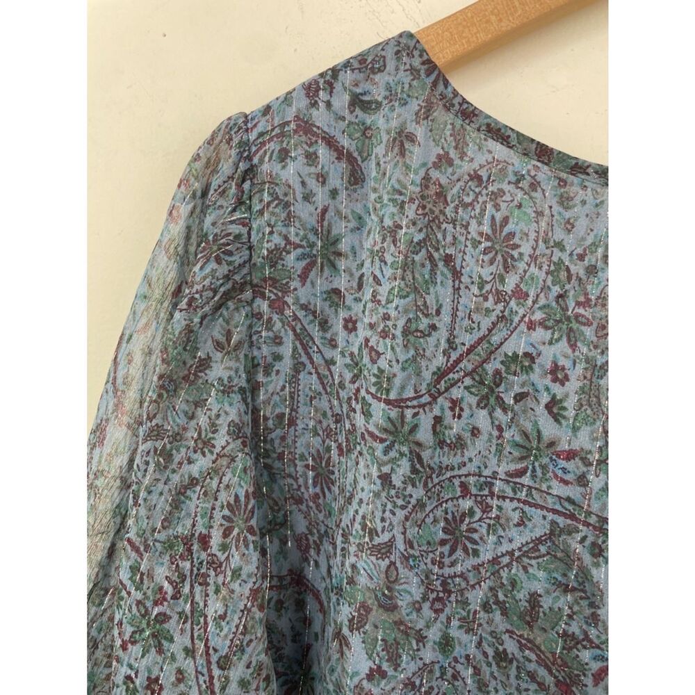 Lucky Brand Teal Blue Paisley V-Neck Long Sleeve Blouse peasant boho size Large - Picture 11 of 16